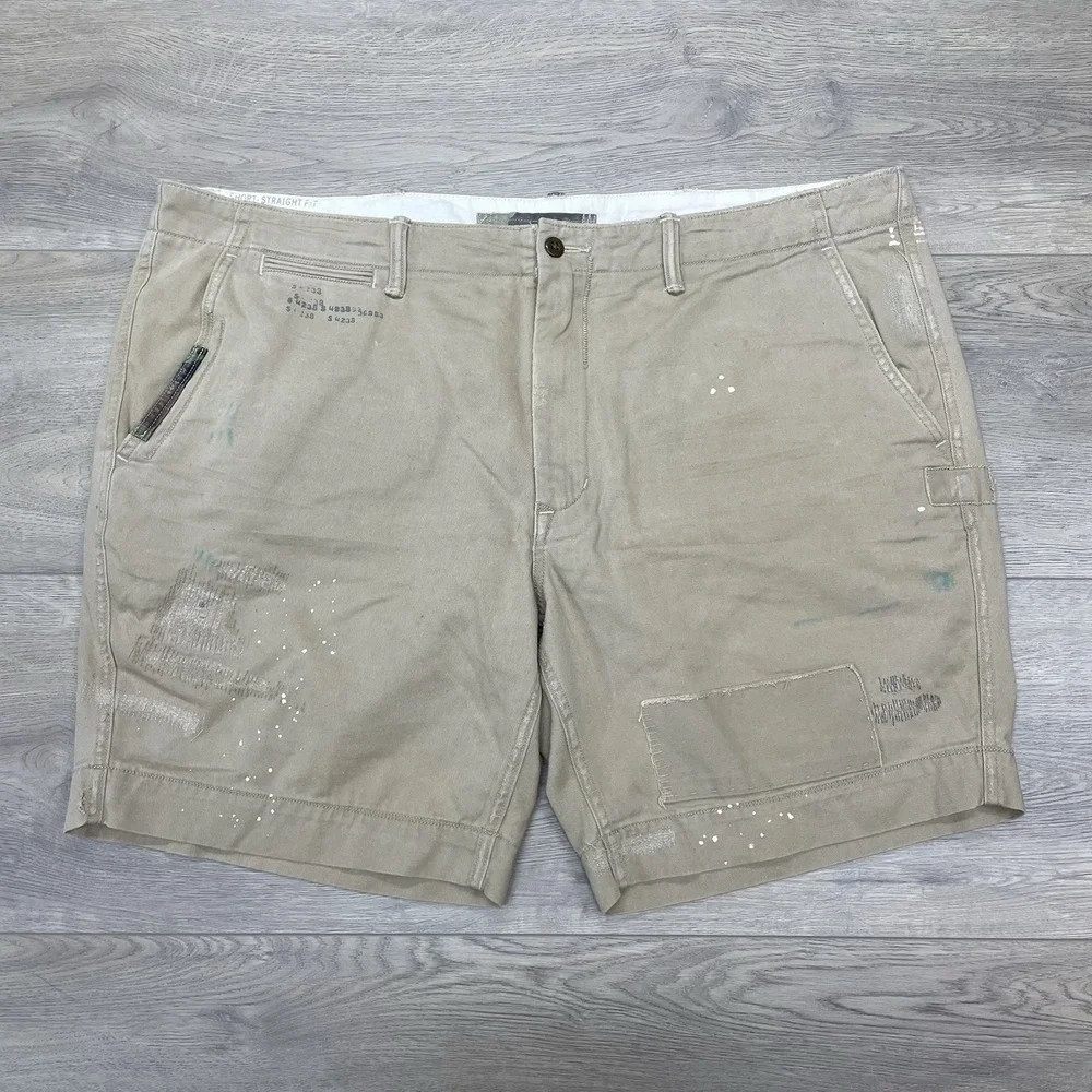Polo Ralph Lauren Khaki Distressed Shorts Men Sz 40 Military Style Patches